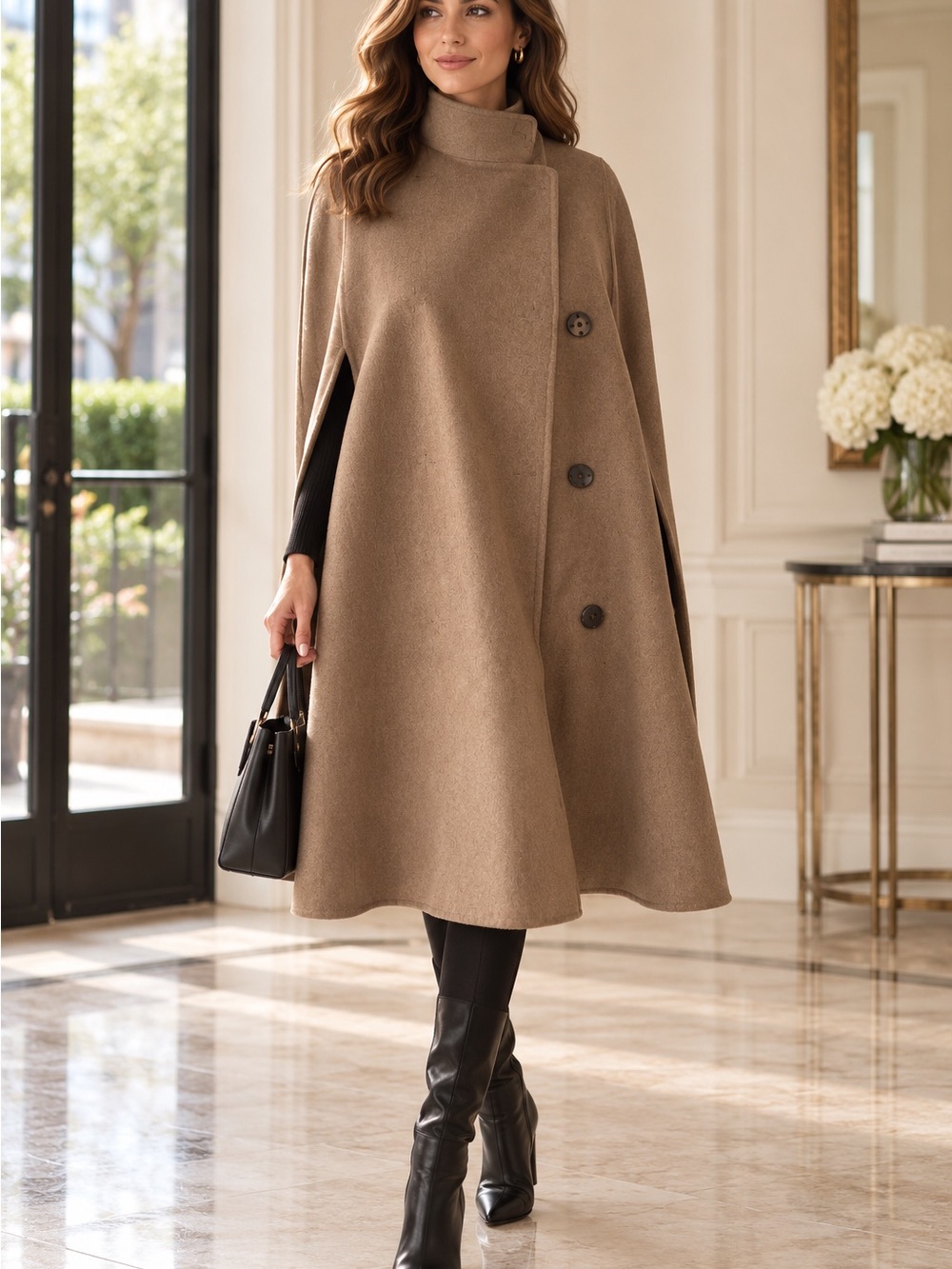 Elie Tahari Womens Camel Button-Front Wool Blend Cape Coat